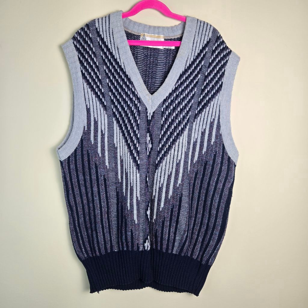 Men's London Fog V-Neck Sweater Vest XL Blue Gray Striped